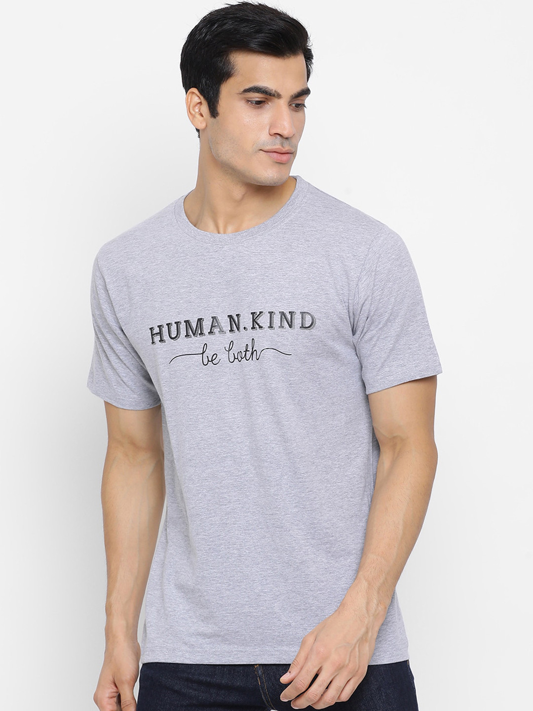 

YOLOCLAN Men Grey Printed Round Neck Pure Cotton T-shirt