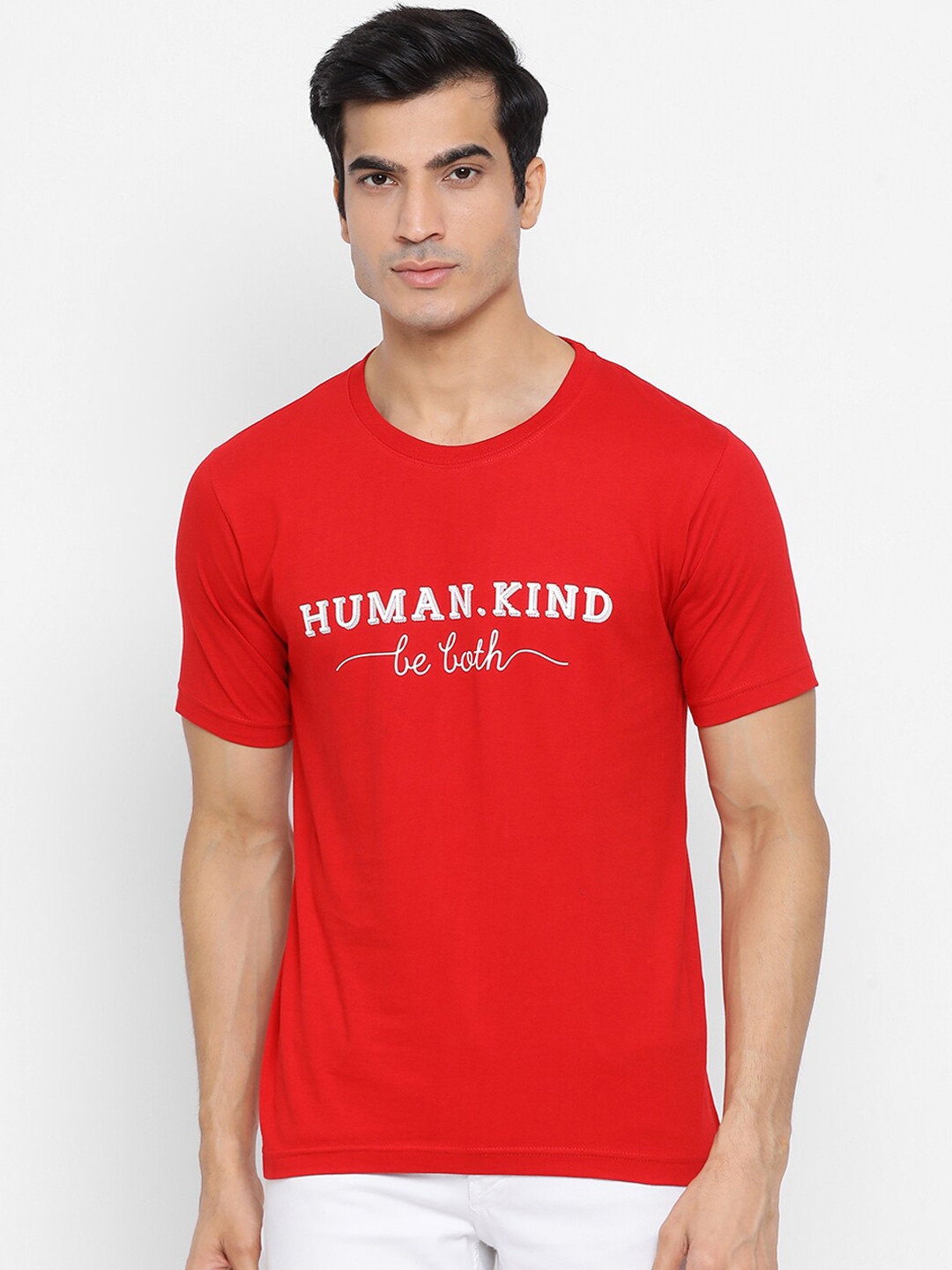 

YOLOCLAN Men Red Printed Round Neck Pure Cotton T-shirt