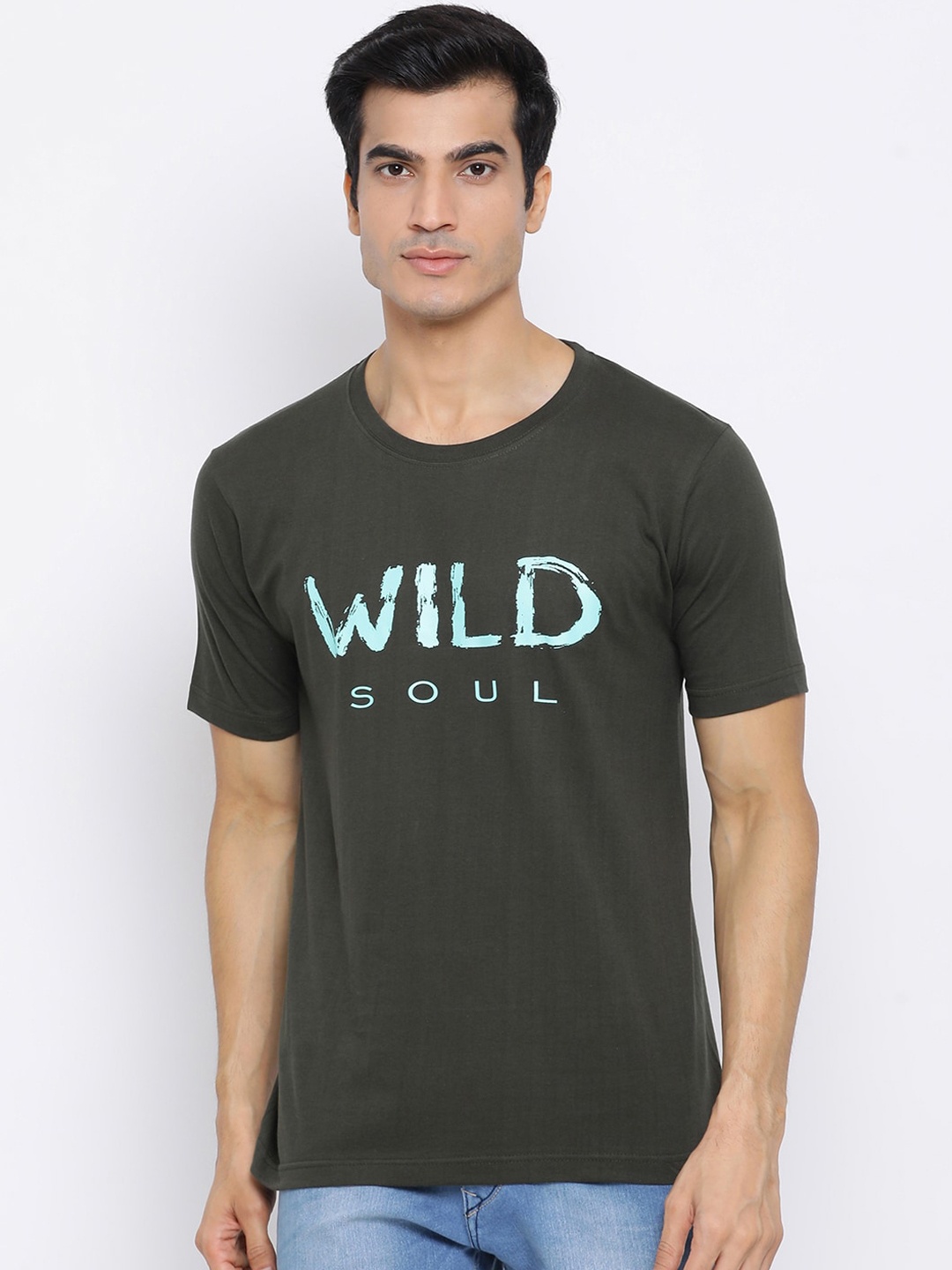 

YOLOCLAN Men Green Turquoise Blue Printed Round Neck Pure Cotton T-shirt