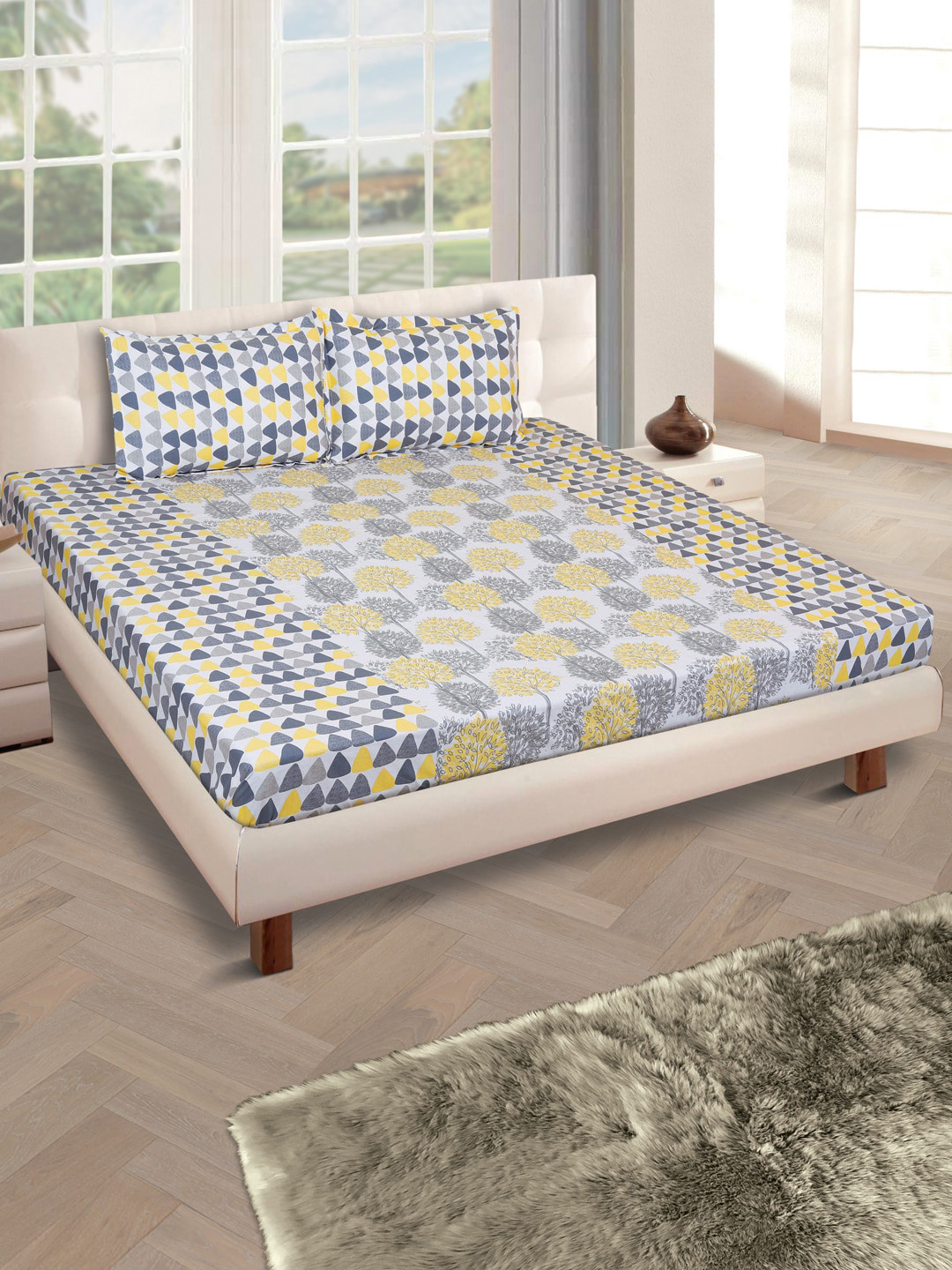 

ROMEE Blue & Grey Geometric 160 TC Cotton 1 Queen Bedsheet with 2 Pillow Covers