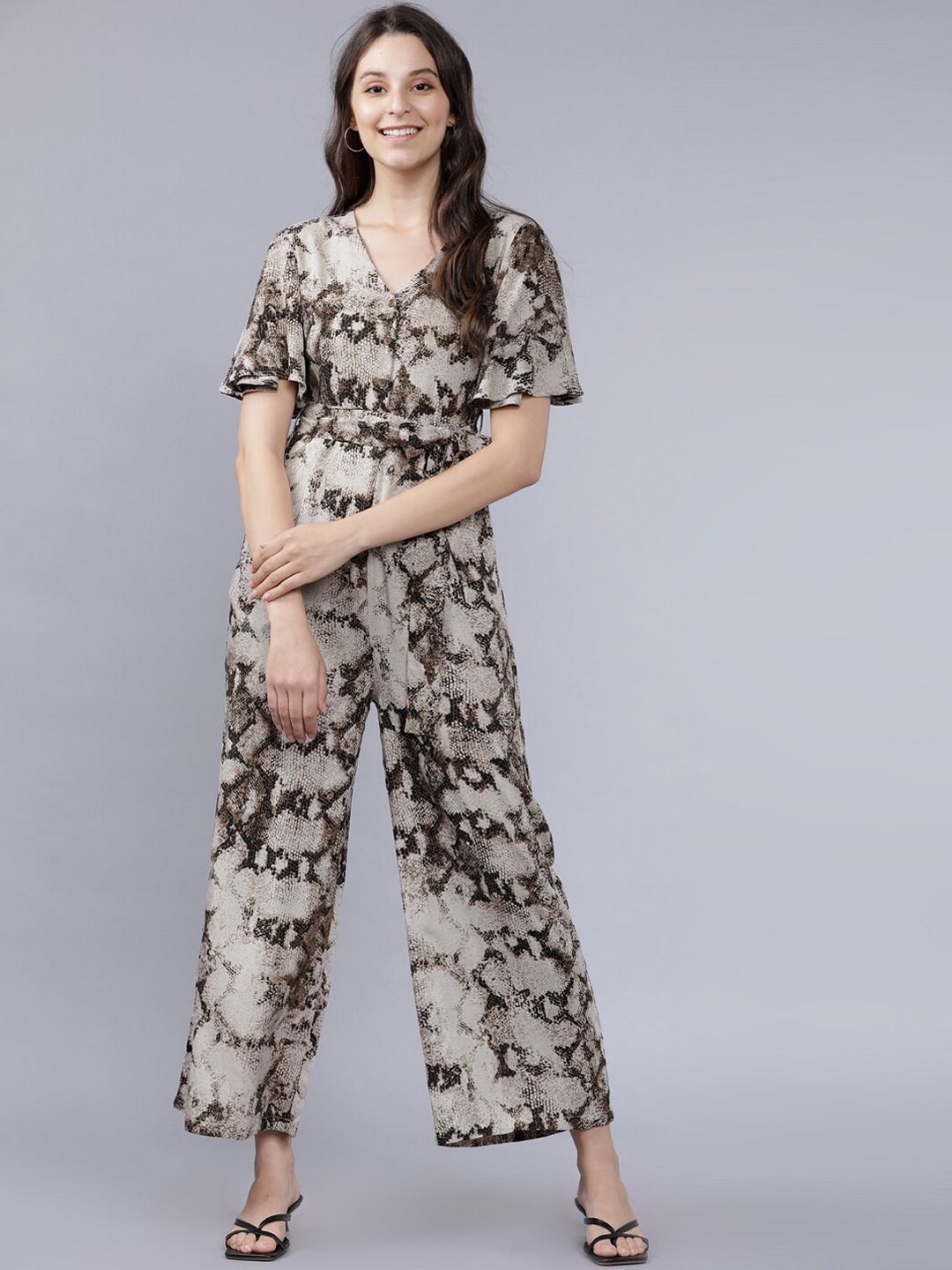

Tokyo Talkies Women Brown & Grey Snake Printed Basic Jumpsuit