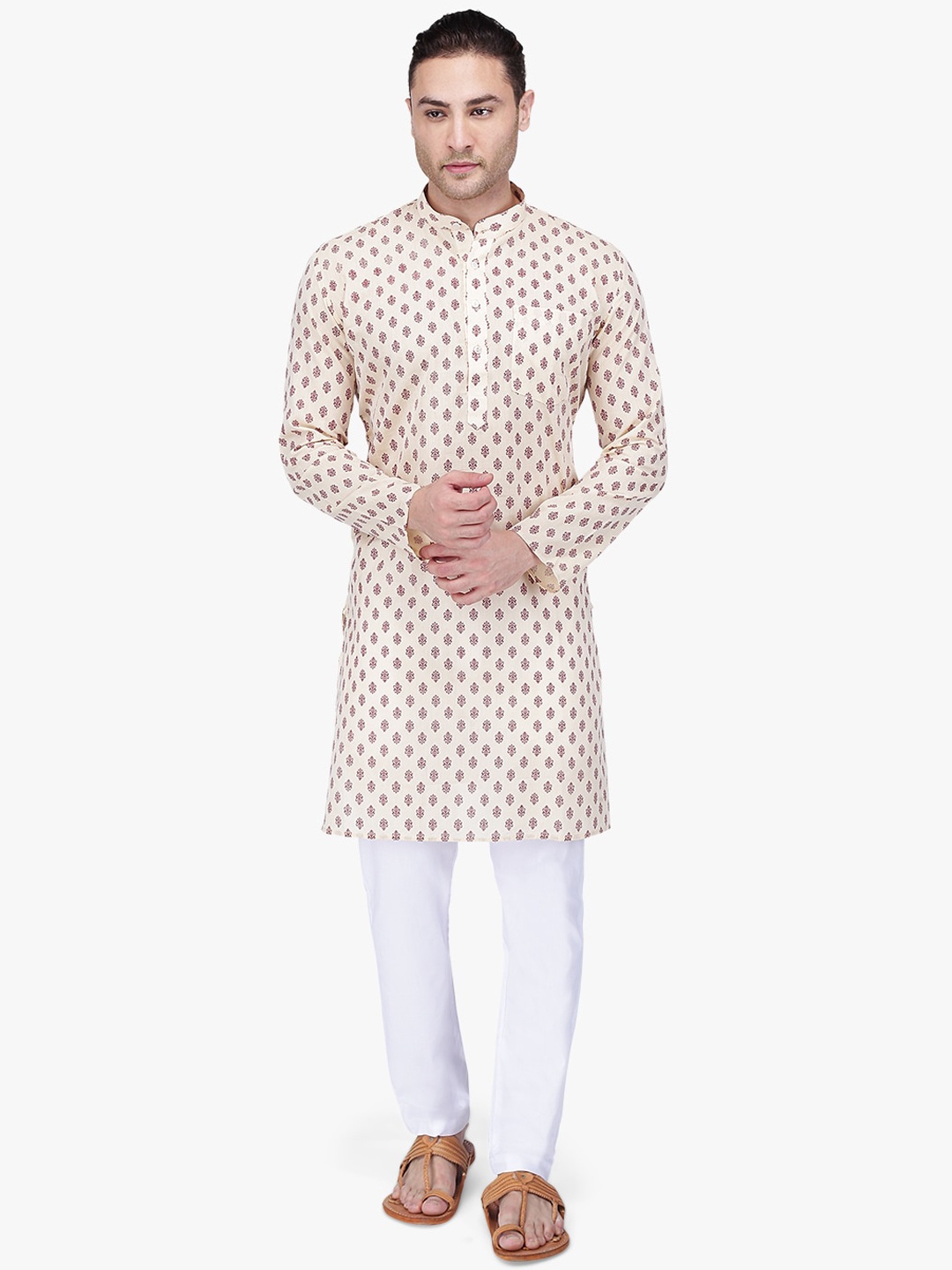 

RAJUBHAI HARGOVINDAS Men Maroon & Beige Printed Kurta with Churidar
