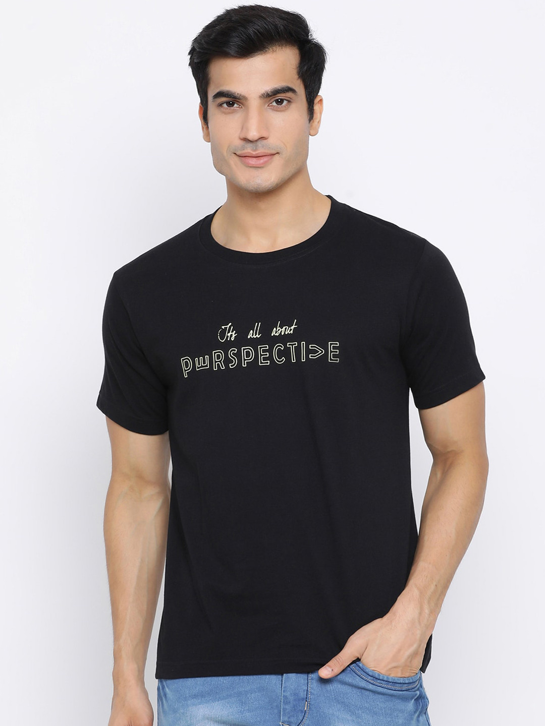 

YOLOCLAN Men Black Printed Round Neck Pure Cotton T-shirt