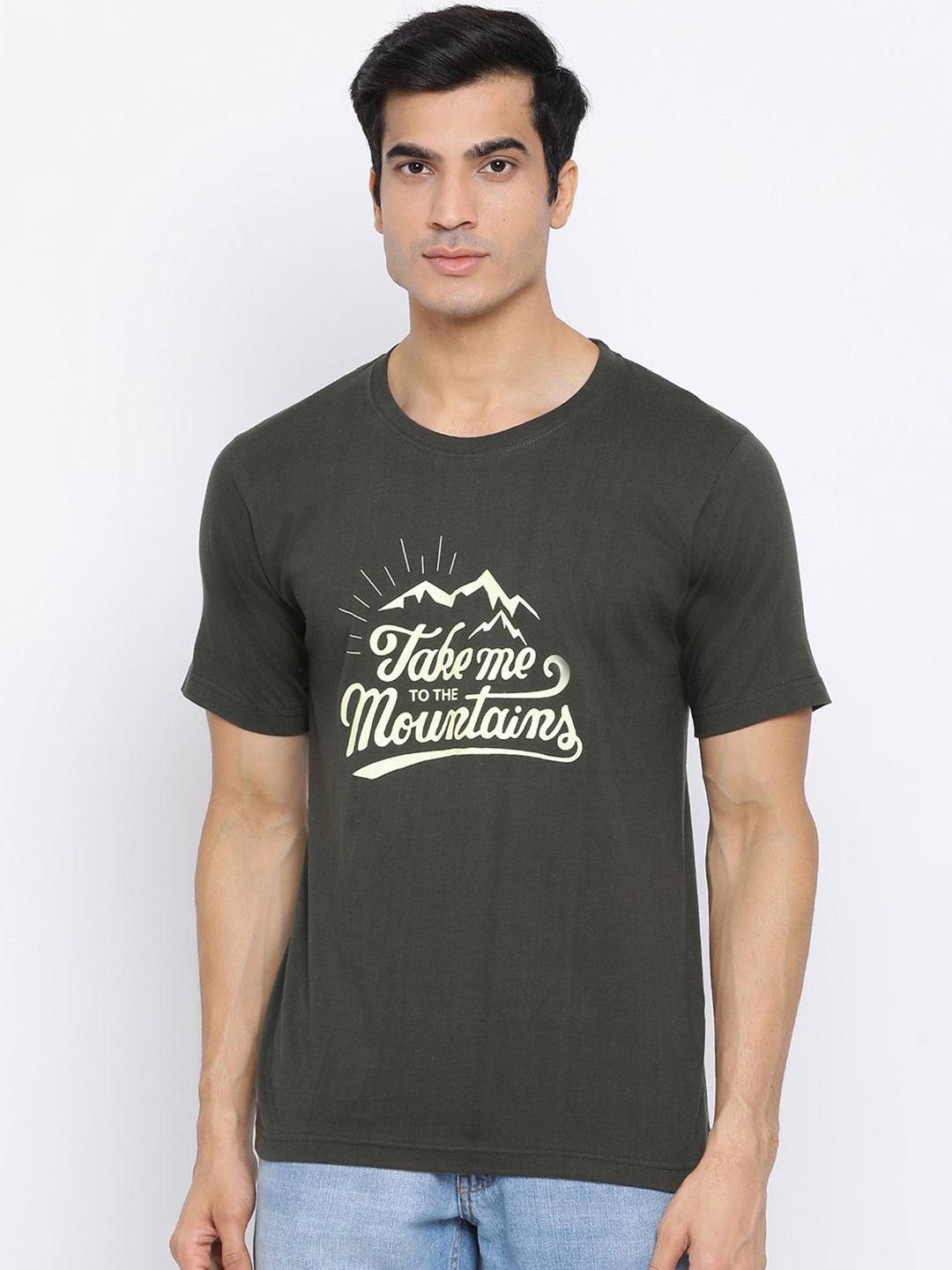 

YOLOCLAN Men Olive Green Printed Round Neck T-shirt