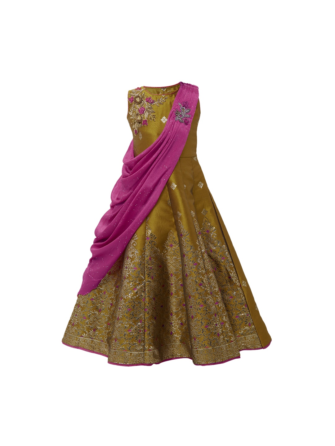

BETTY Girls Olive Green & Pink Embroidered Maxi Dress With Dupatta