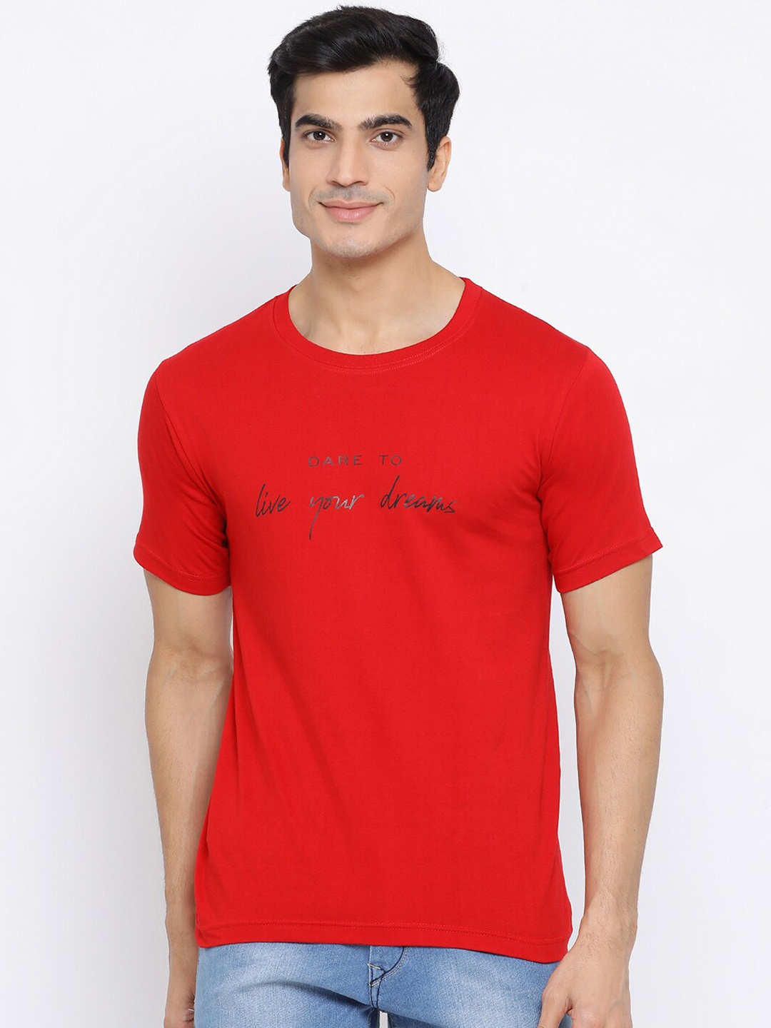 

YOLOCLAN Men Red Printed Round Neck Pure Cotton T-shirt