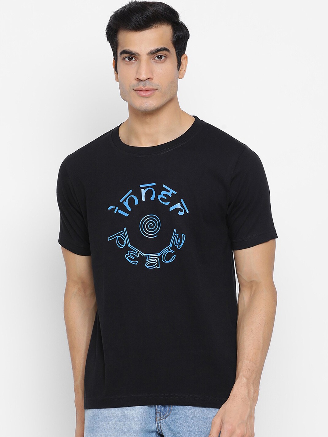 YOLOCLAN Men Black Blue Printed Round Neck Pure Cotton T-shirt
