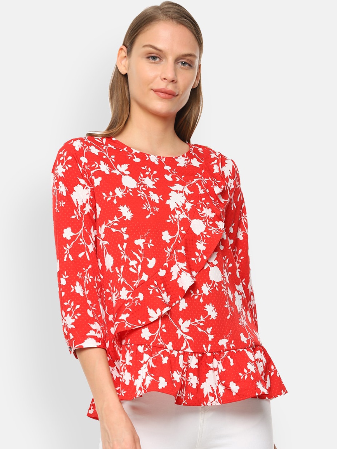 

Van Heusen Woman Orange & White Printed Peplum Top