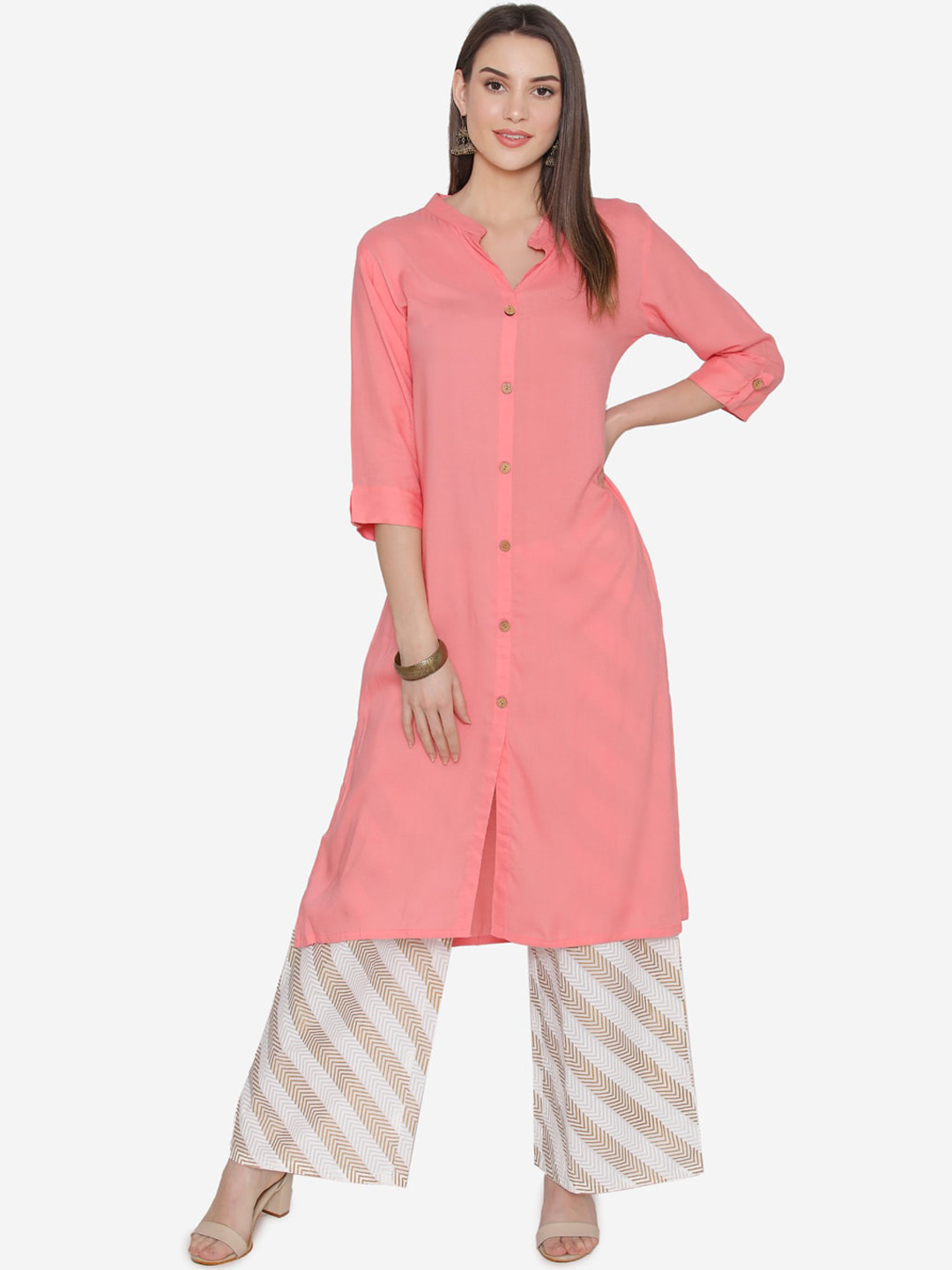 

Kifahari Women Peach-Coloured & Beige Solid Kurta with Palazzos