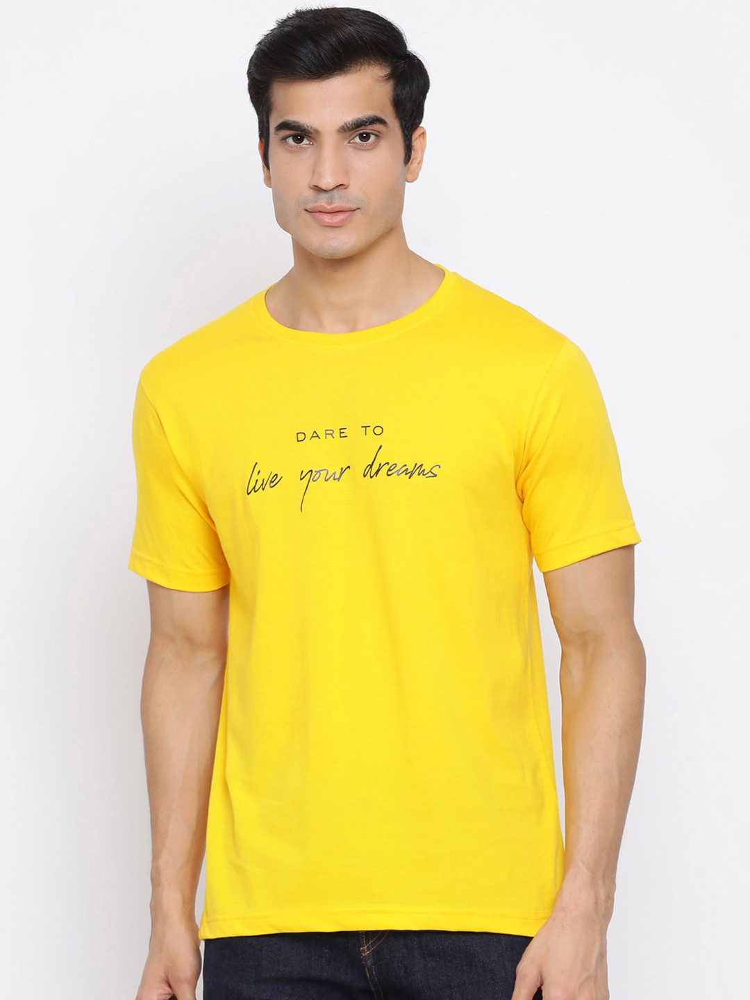 

YOLOCLAN Men Yellow Printed Round Neck Pure Cotton T-shirt