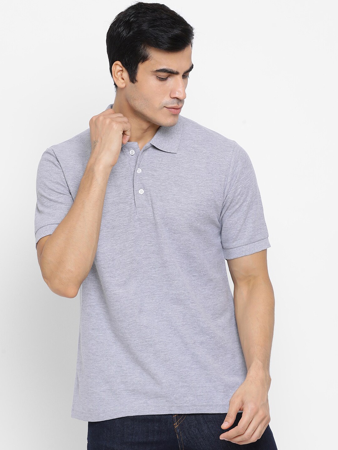 

YOLOCLAN Men Grey Solid Polo Collar Pure Cotton T-shirt