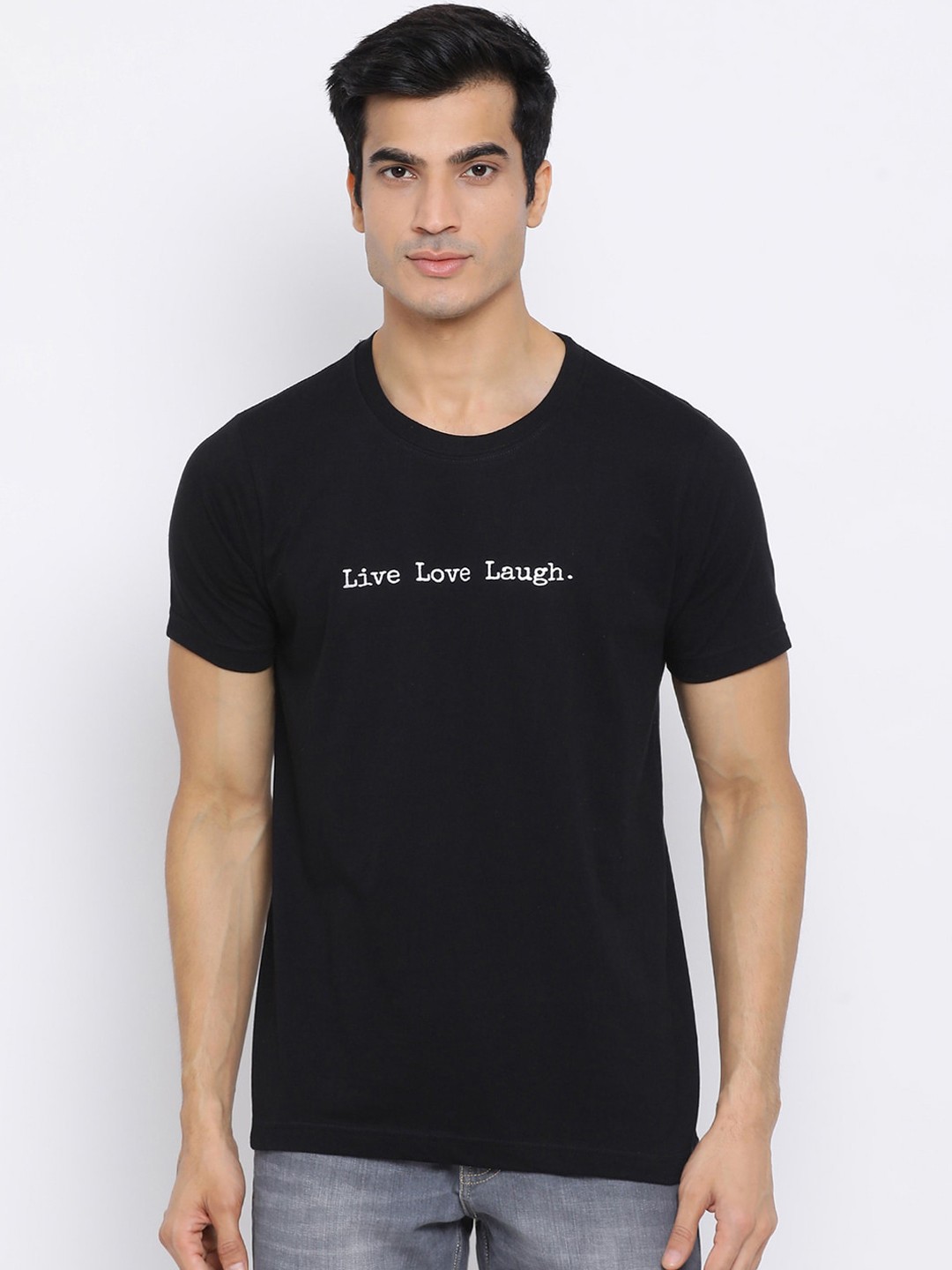 

YOLOCLAN Men Black Printed Round Neck Pure Cotton T-shirt