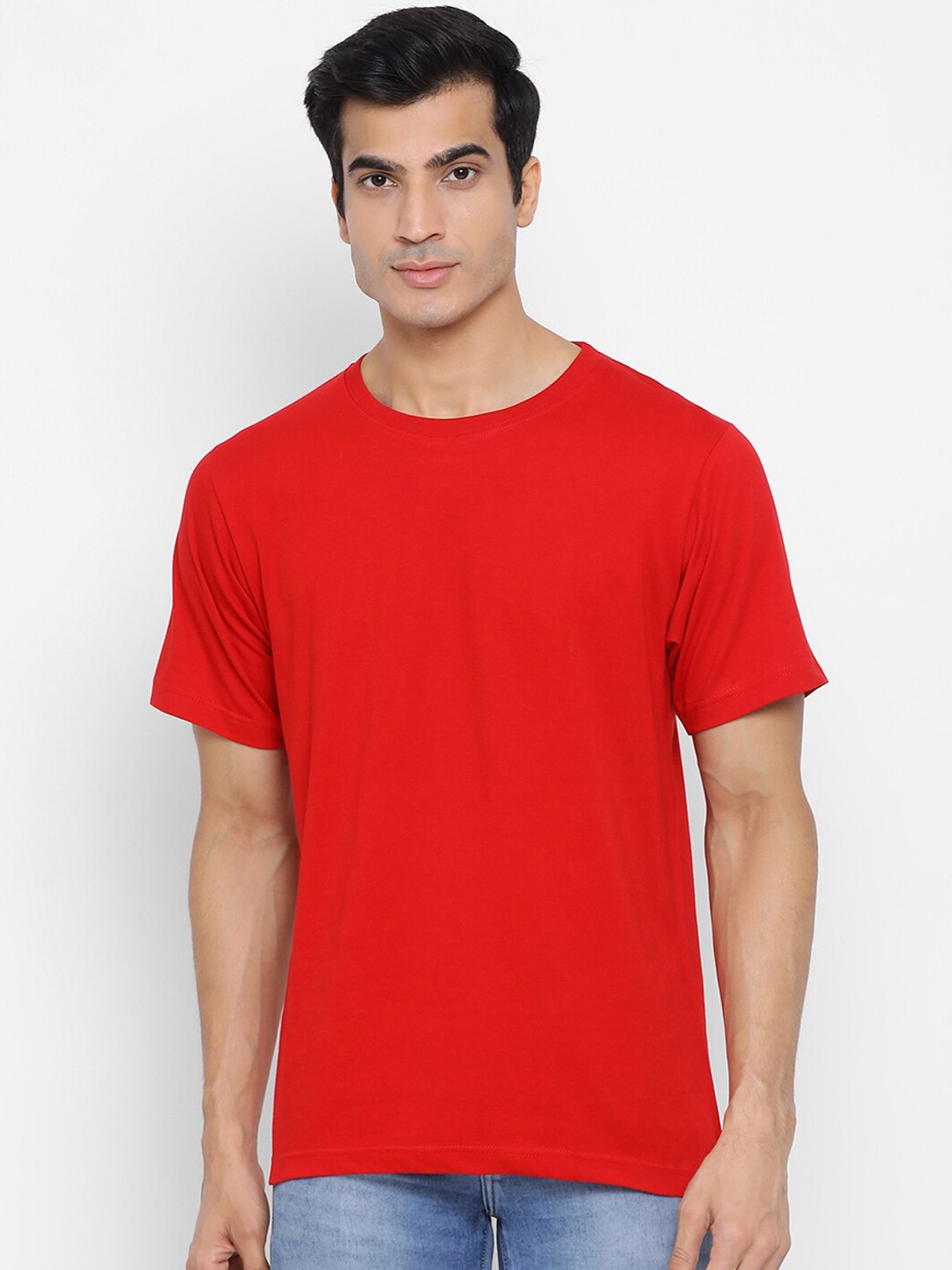 

YOLOCLAN Men Red Solid Round Neck Pure Cotton T-shirt