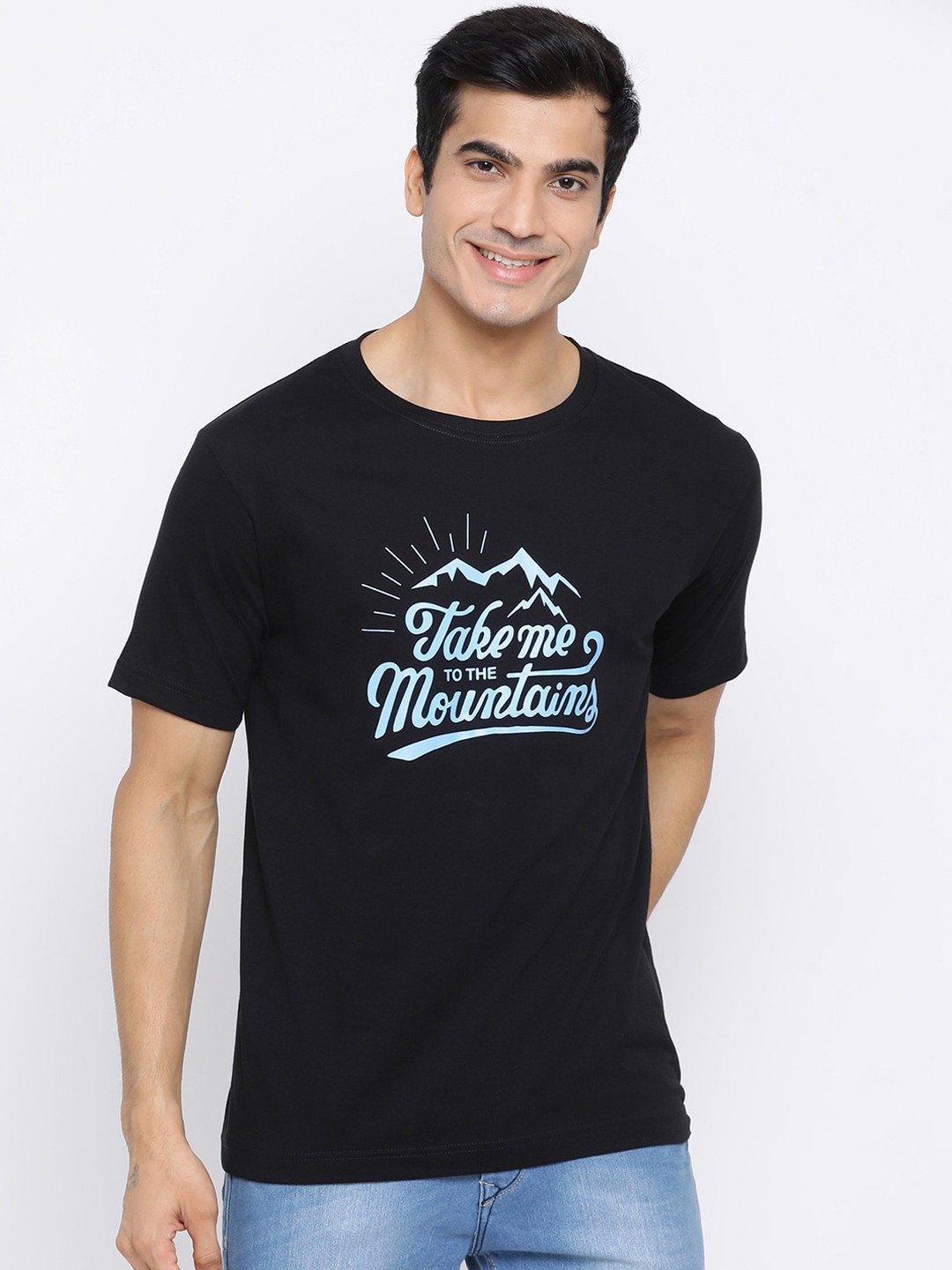 

YOLOCLAN Men Black Blue Printed Round Neck Pure Cotton T-shirt