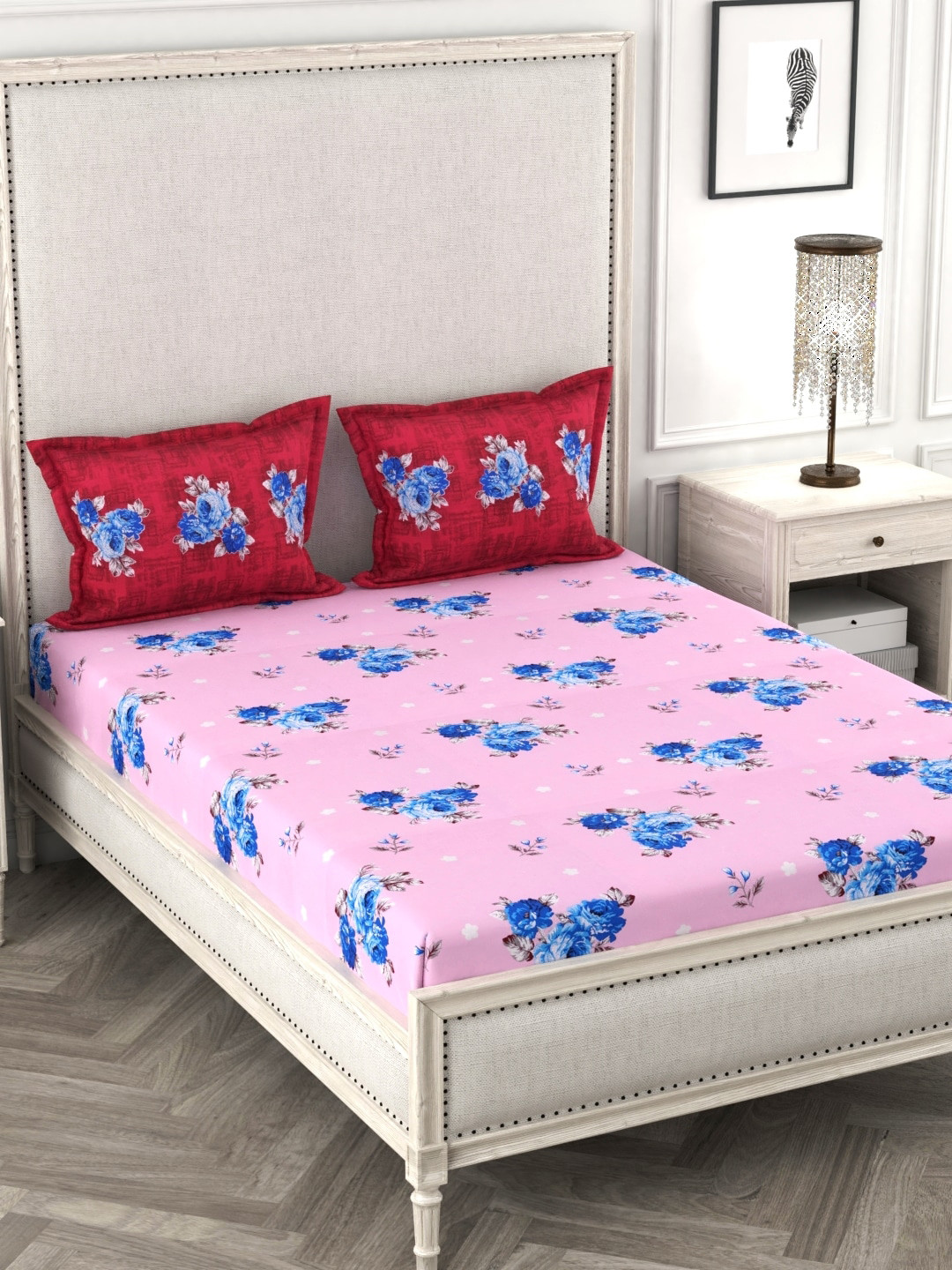 

URBAN SPACE Pink & Blue Floral 180 TC Cotton 1 King Bedsheet with 2 Pillow Covers