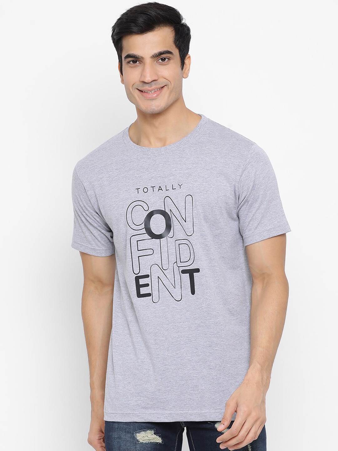 

YOLOCLAN Men Grey Black Printed Round Neck Pure Cotton T-shirt