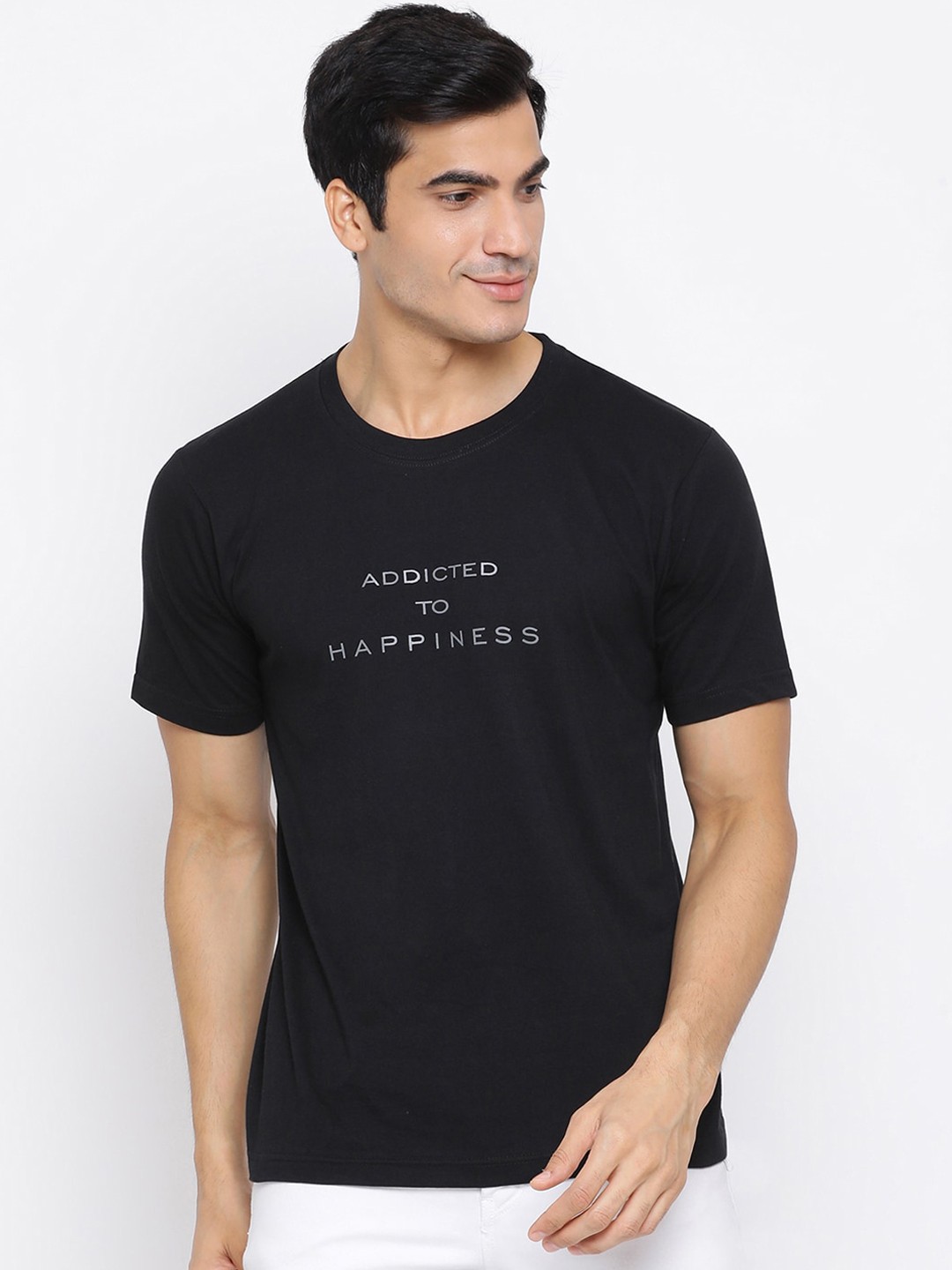 

YOLOCLAN Men Black Printed Round Neck Pure Cotton T-shirt