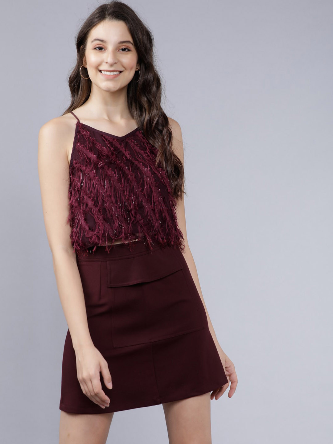 

Tokyo Talkies Women Burgundy Self Design A-Line Crop Top