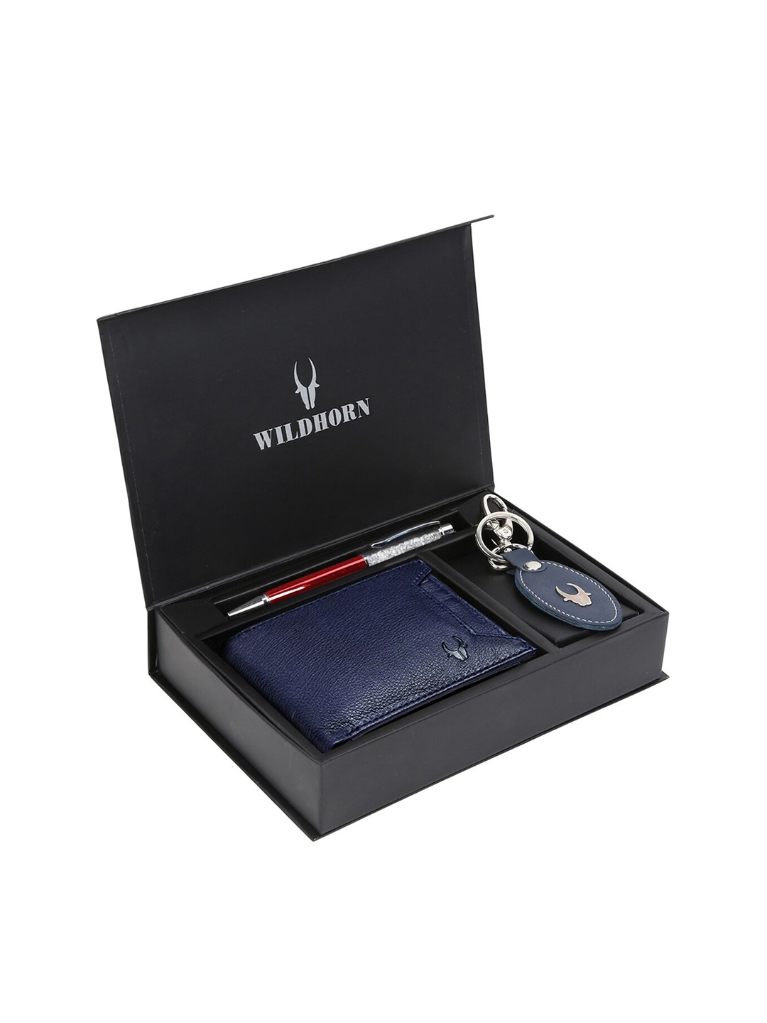 WildHorn Men Blue & Red RFID Protected Genuine Leather Wallet & Pen Accessory Gift Set