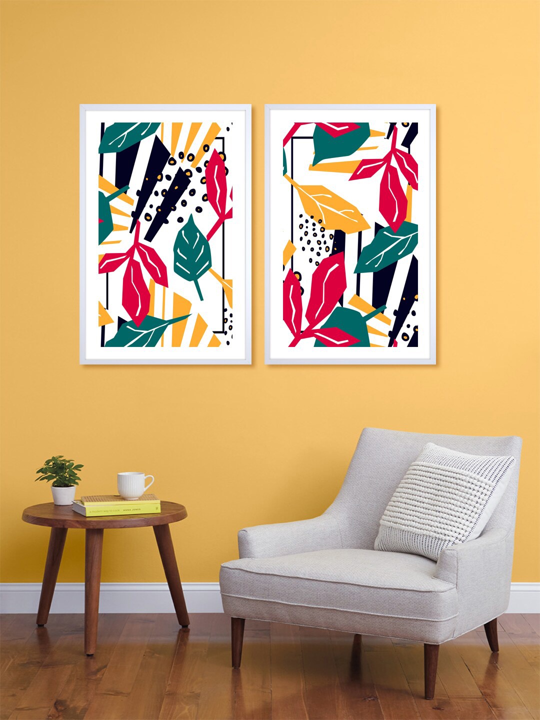 

999Store Set Of 2 White & Pink Leaves Printed Wall Art