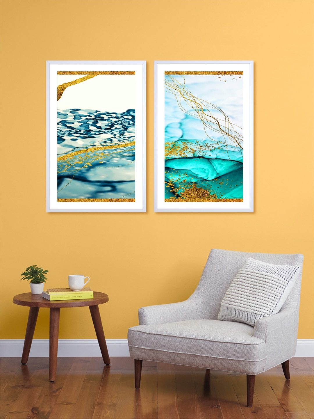 999Store Set Of 2 Blue & White Printed Abstract Water Wall Art