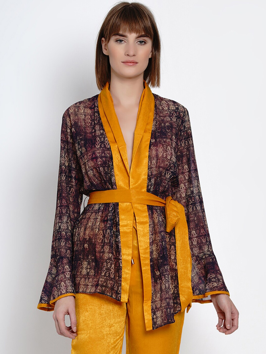 

EROTISSCH Women Burgundy & Mustard Yellow Printed Mini Robe