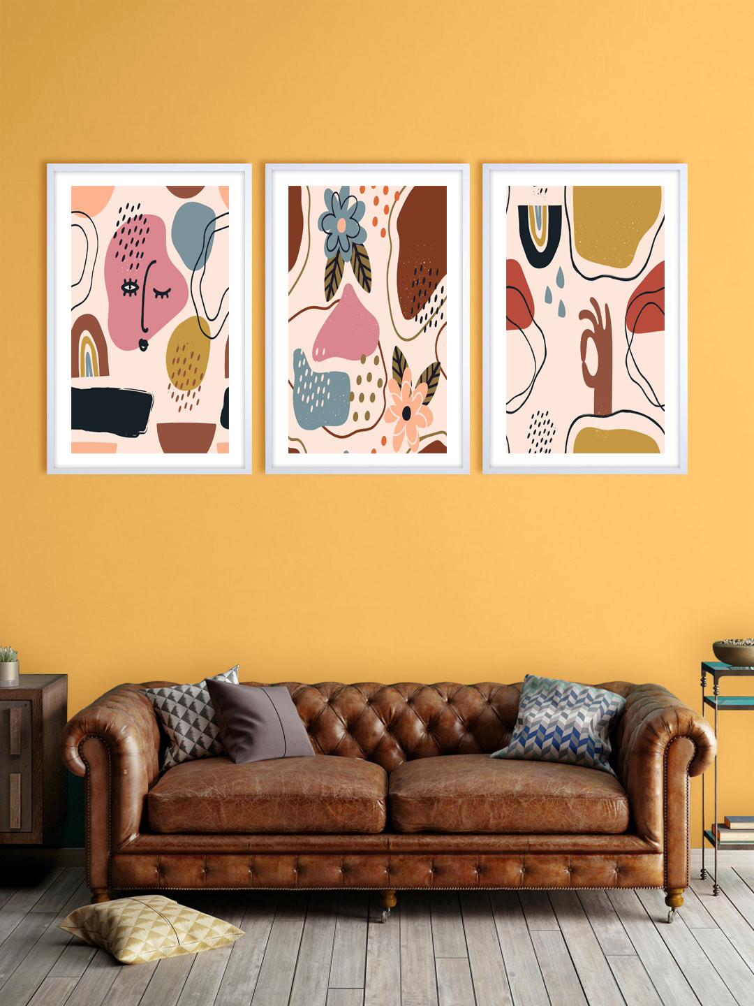 

999Store Set Of 3 Pink & Brown Abstract Printed Wall Art