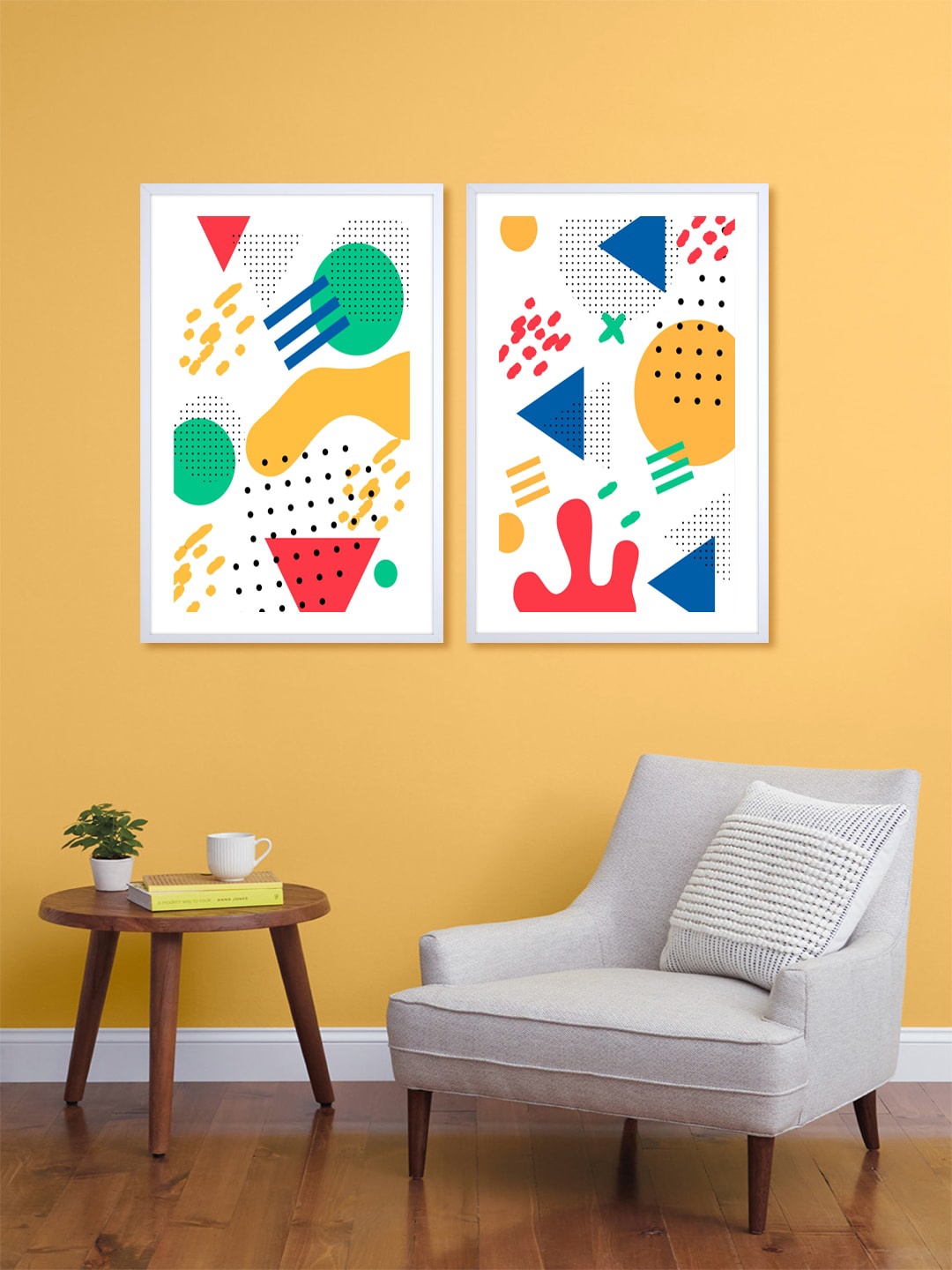 

999Store Set Of 2 White & Yellow Shapes Printed Wall Art