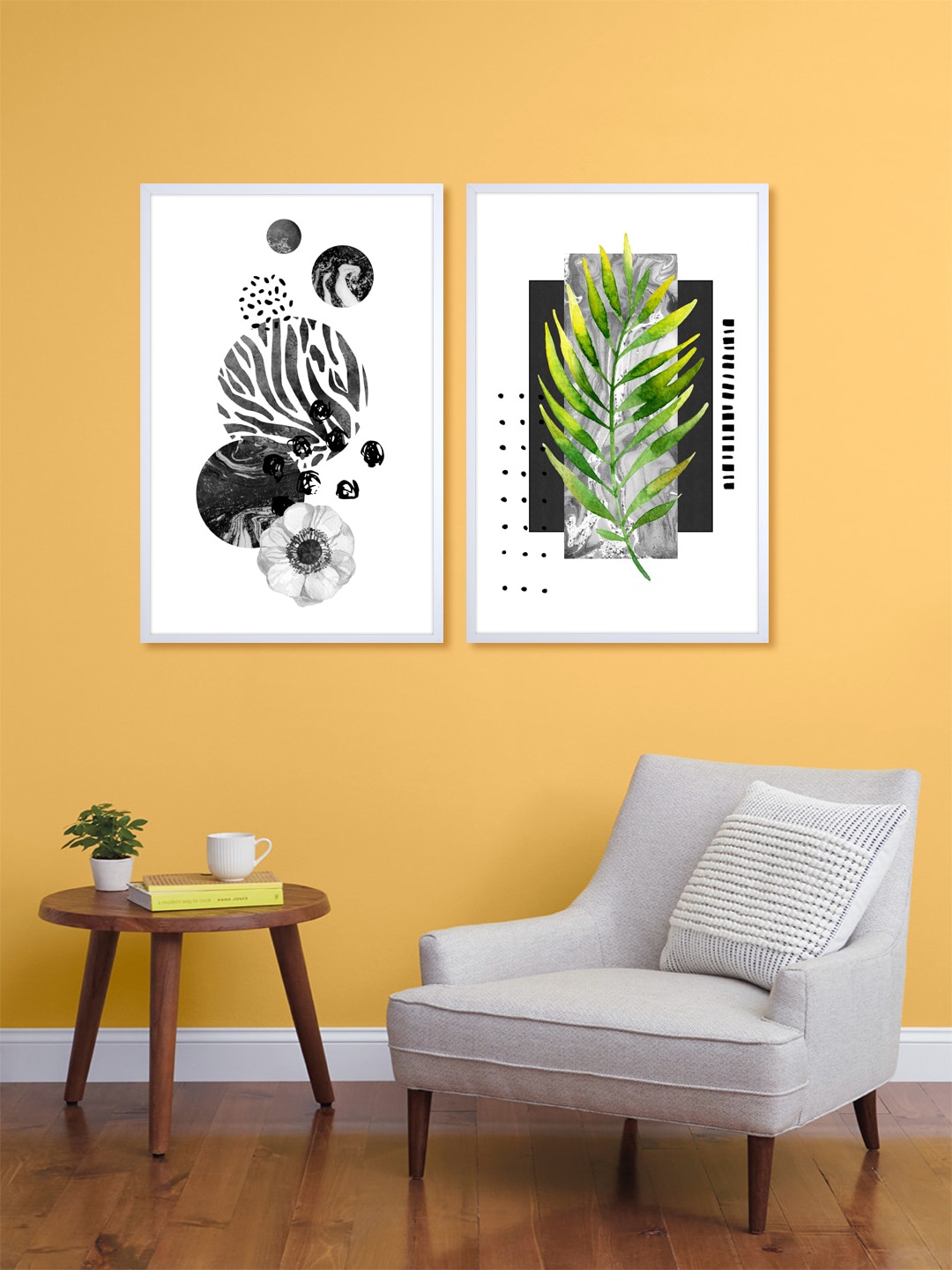 999Store Set Of 2 Green & Black Abstract Leaves Printed Wall Art
