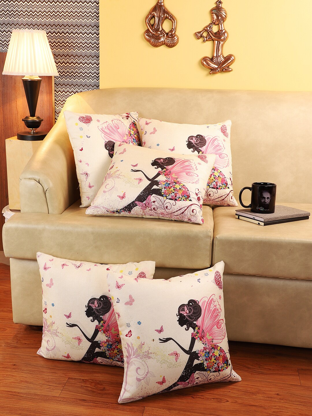 

CDI Peach-Coloured & Black Set of 5 Quirky Square Cushion Covers