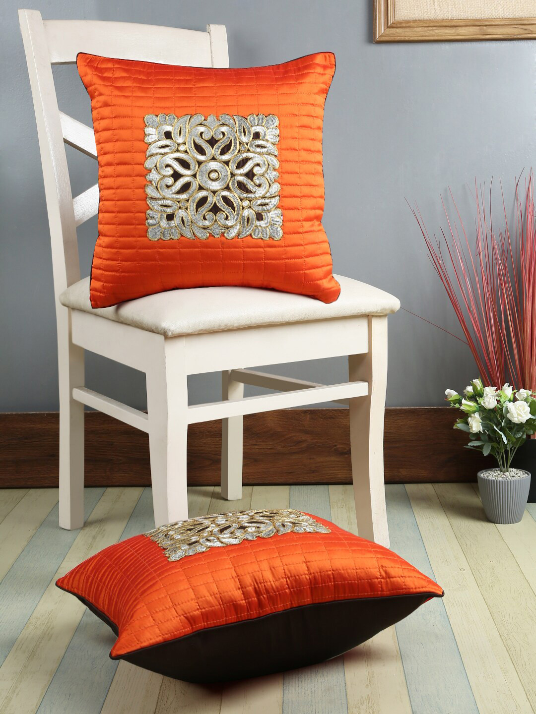 

eyda Set of 2 Orange & White Embroidered Square Cushion Covers