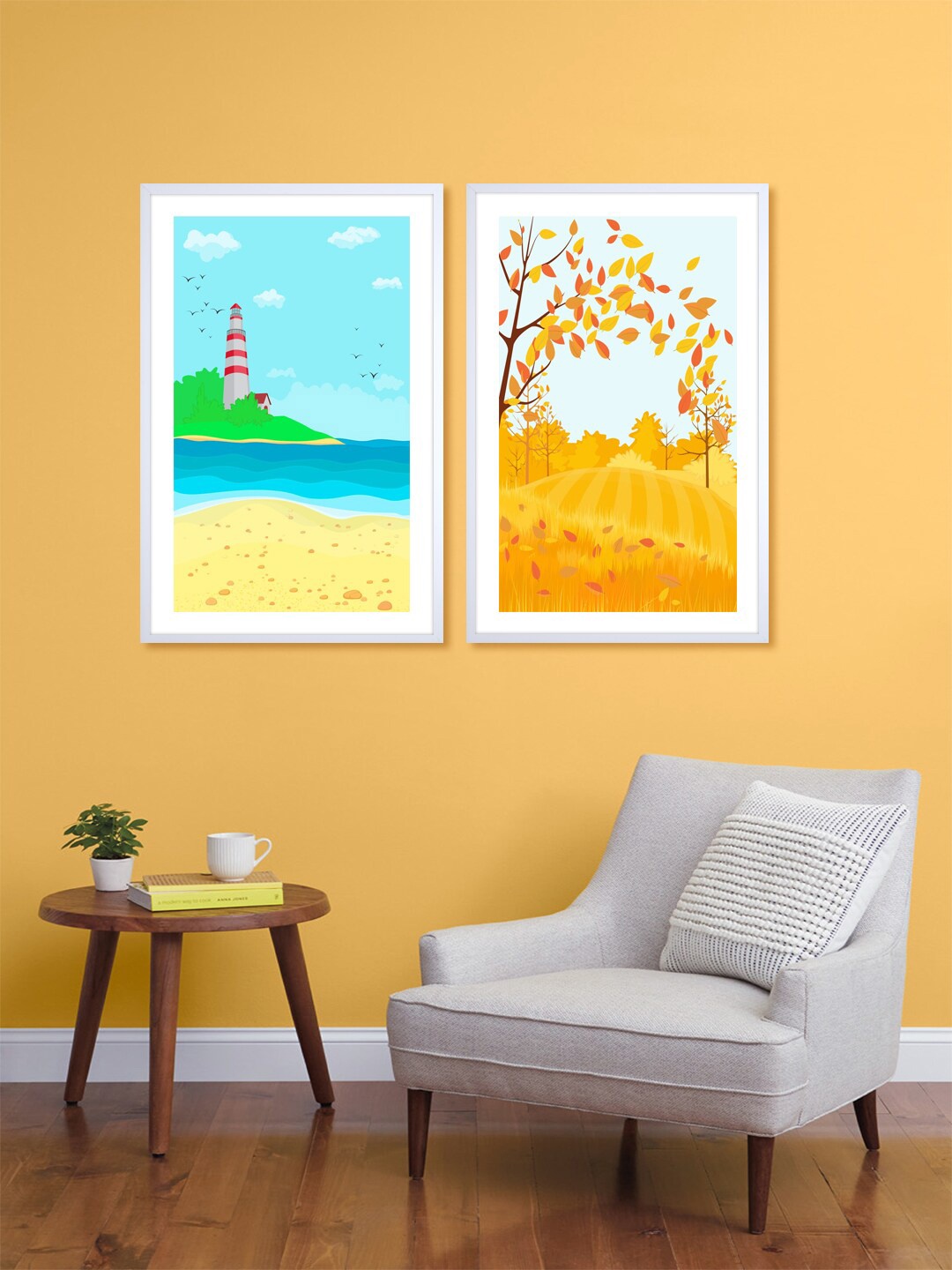 

999Store Set Of 2 Yellow & Blue Field Printed Wall Art