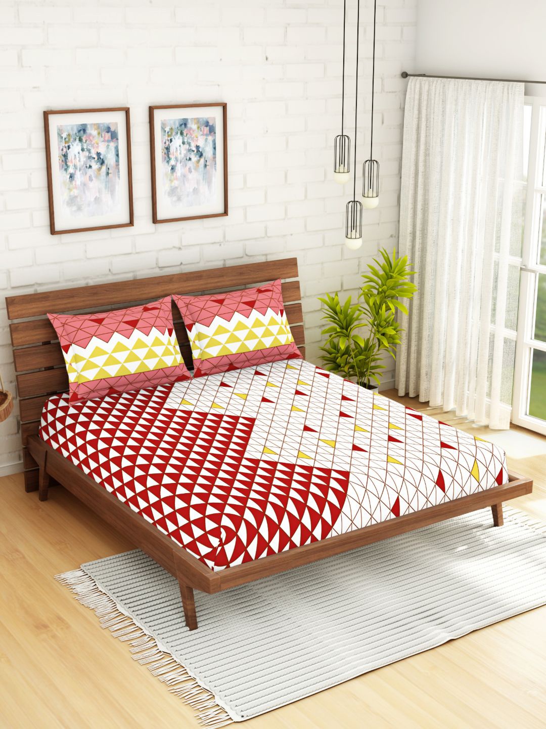 

SPACES Red & White Geometric 210 TC Cotton 1 Queen Bedsheet with 2 Pillow Covers