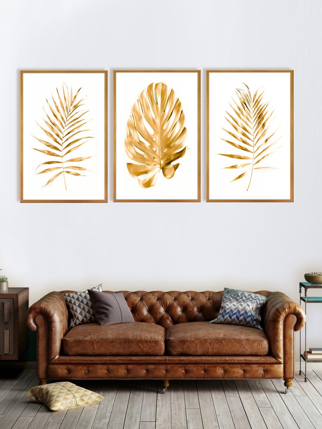 

999Store Set Of 3 White & Gold-Toned Leaves Printed Wall Art