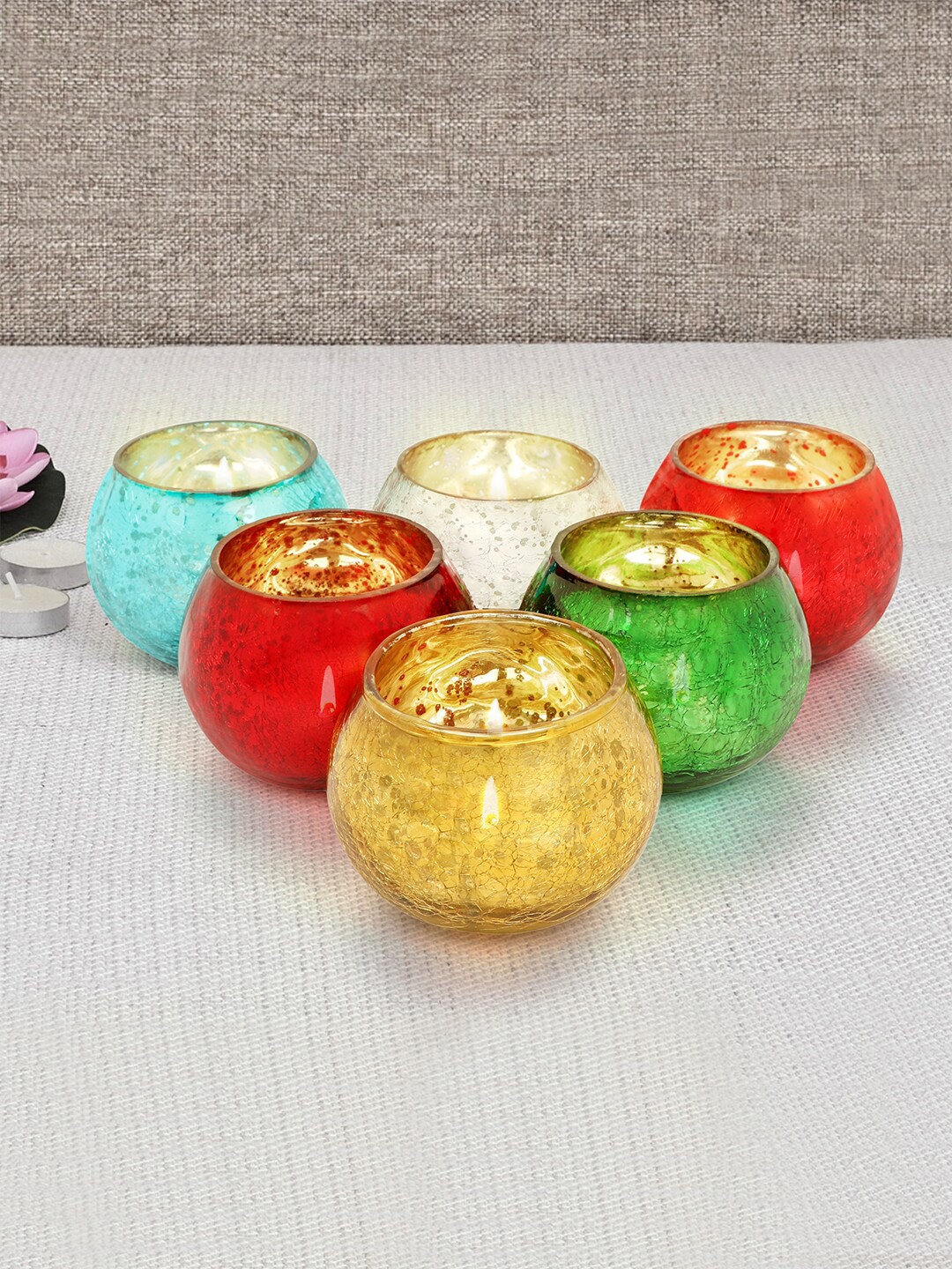 

TIED RIBBONS Pack of 6 Multicoloured Mosaic Glass Tealight Candle Holder, Red