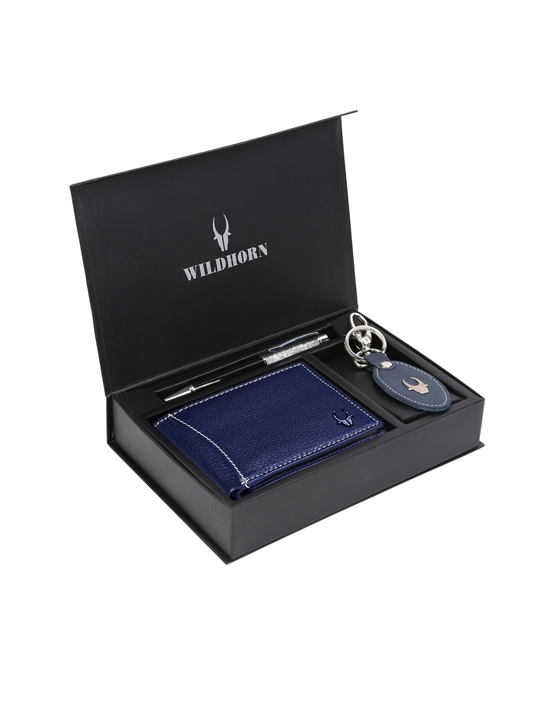 WildHorn Men Blue & Black RFID Protected Genuine Leather Wallet & Pen Accessory Gift Set