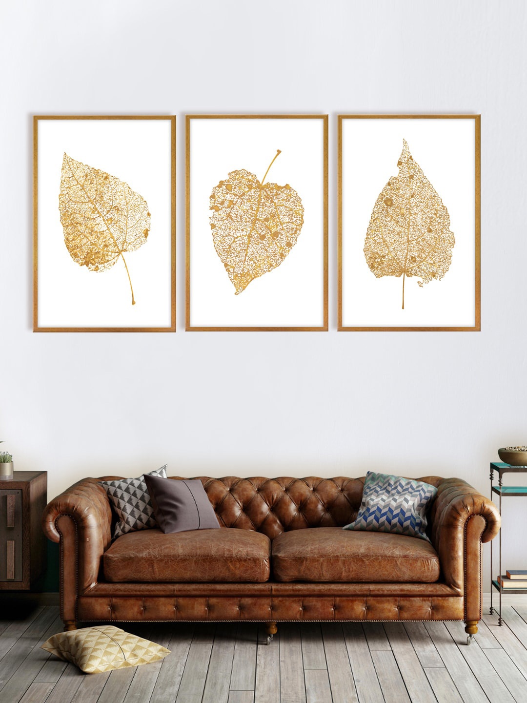 

999Store Set Of 3 Gold-Toned & White Leaves Printed Wall Art