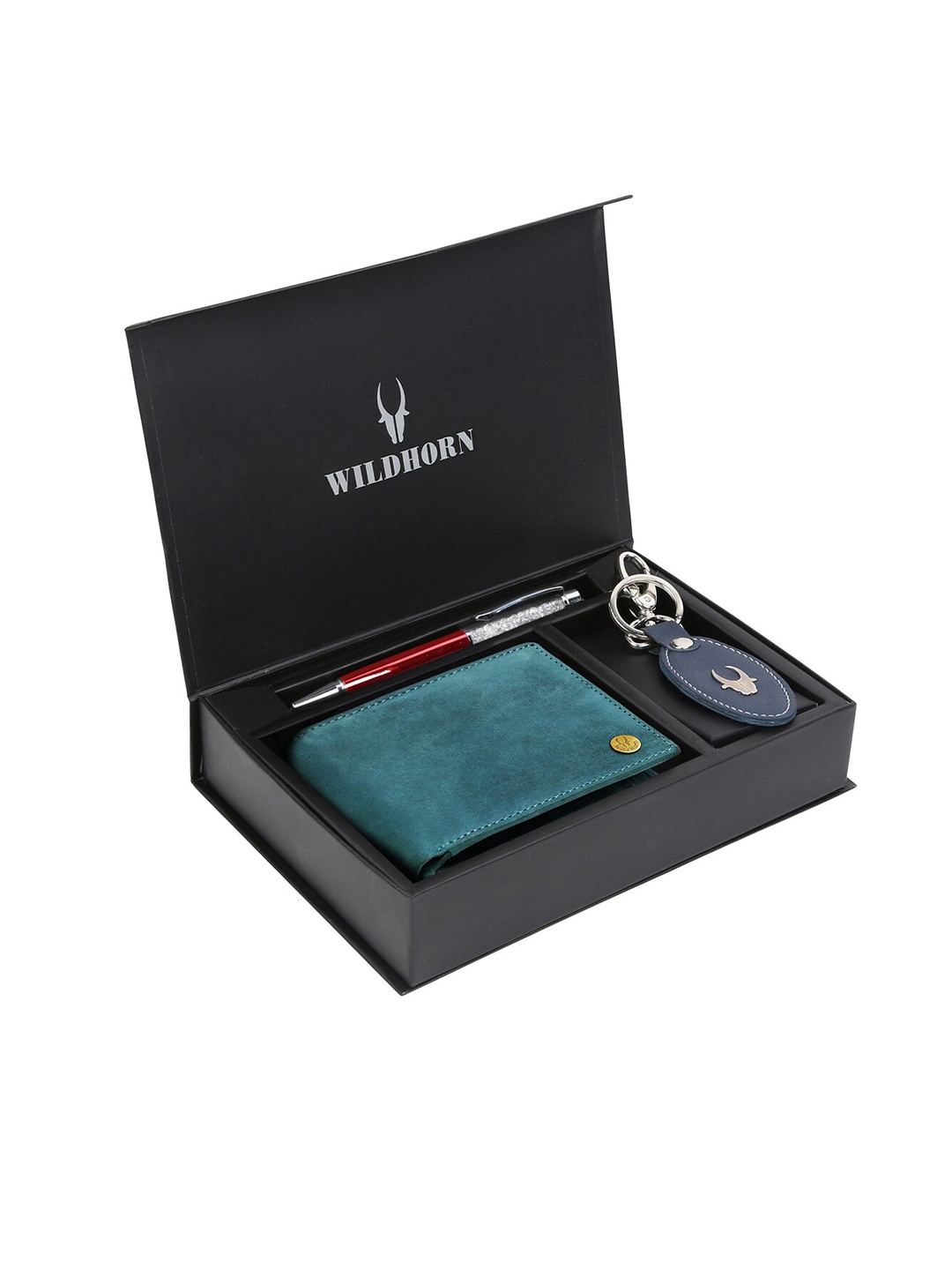 WildHorn Men Blue & Red RFID Protected Genuine Leather Wallet & Pen Accessory Gift Set
