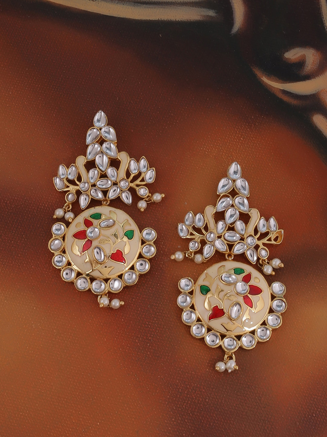 

Voylla Gold-Plated & White Faux Kundan Handcrafted Classic Drop Earrings
