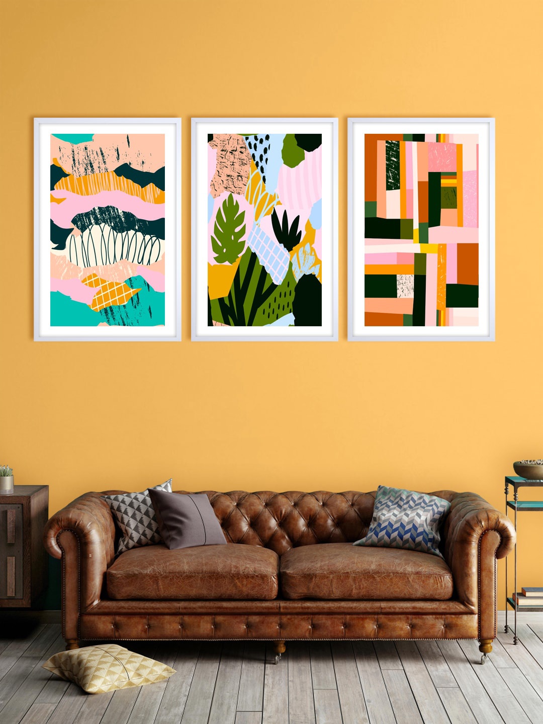 

999Store Set Of 3 Pink & Blue Abstract Printed Wall Art