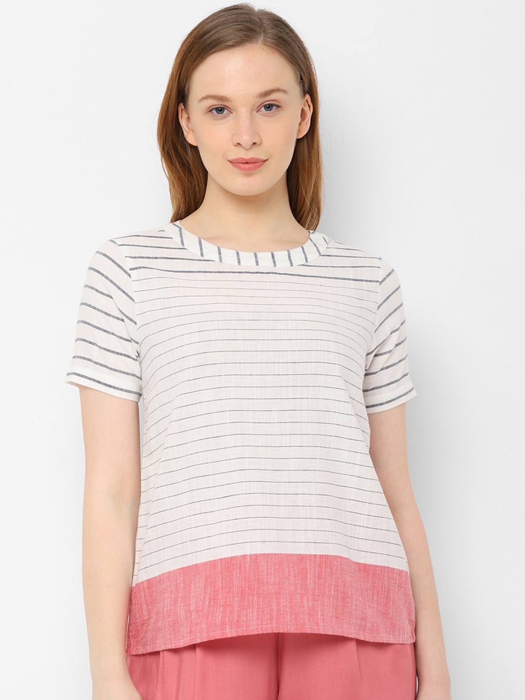 

Allen Solly Woman Women White & Black Striped Pure Cotton Top