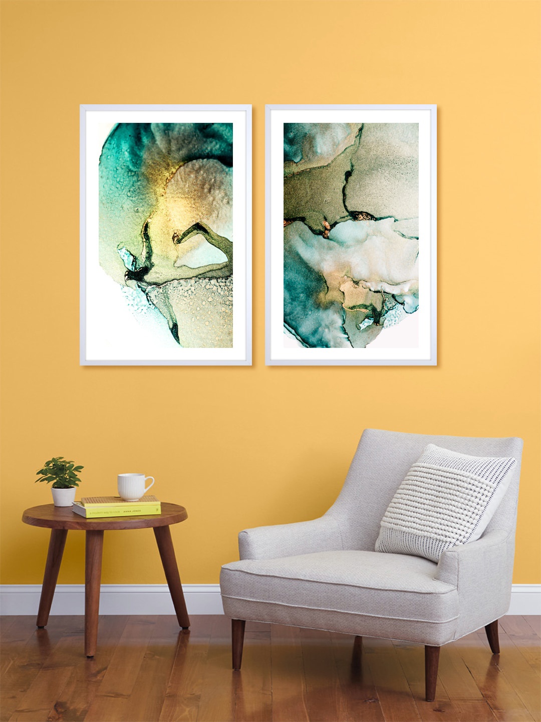 

999Store Set Of 2 Green & Off-White Printed Abstract Wall Art