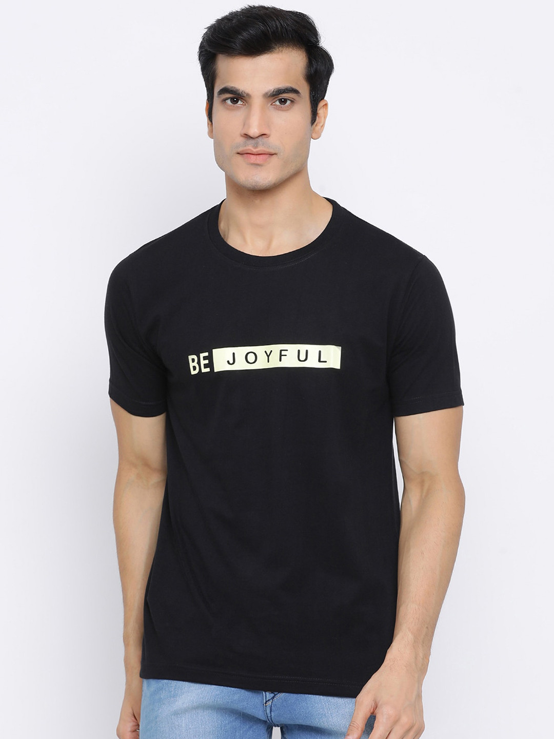 

YOLOCLAN Men Black Be Joyful Printed Round Neck Pure Cotton T-shirt