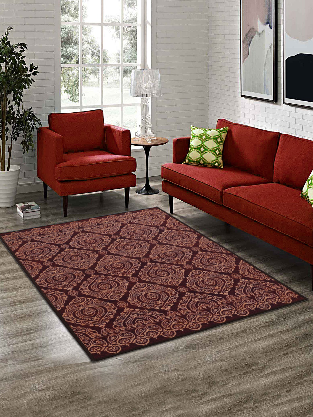 

RUGSMITH Burgundy & Beige Printed Premium Quality Anti-Skid Carpet