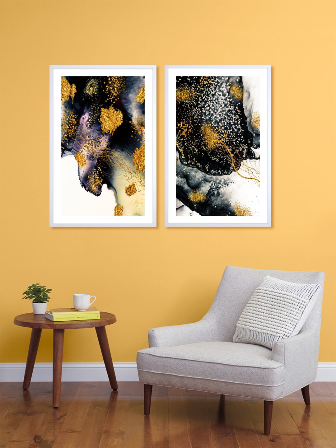 

999Store Set Of 2 Black & Gold-Coloured Abstract Wall Art