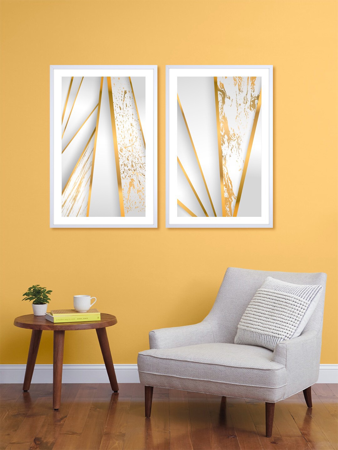 

999Store Set Of 2 Grey & Gold-Toned Vertical Stripes Printed Wall Art