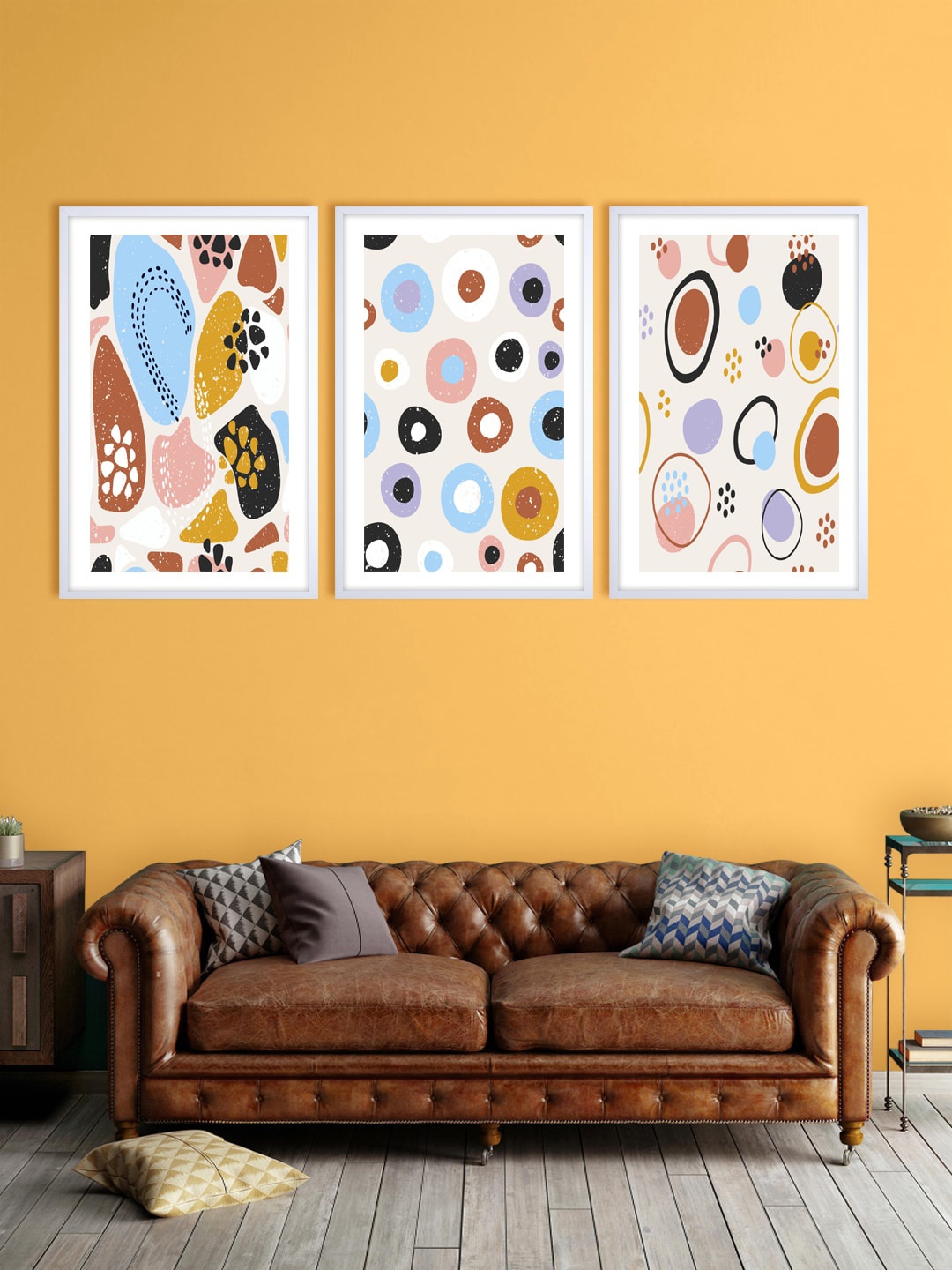 

999Store Set Of 3 Off-White & Blue Abstract Printed Wall Art