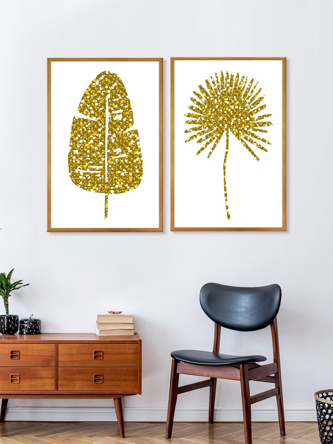 

999Store Set Of 2 Green & Yellow Printed Leaves Wall Art, White
