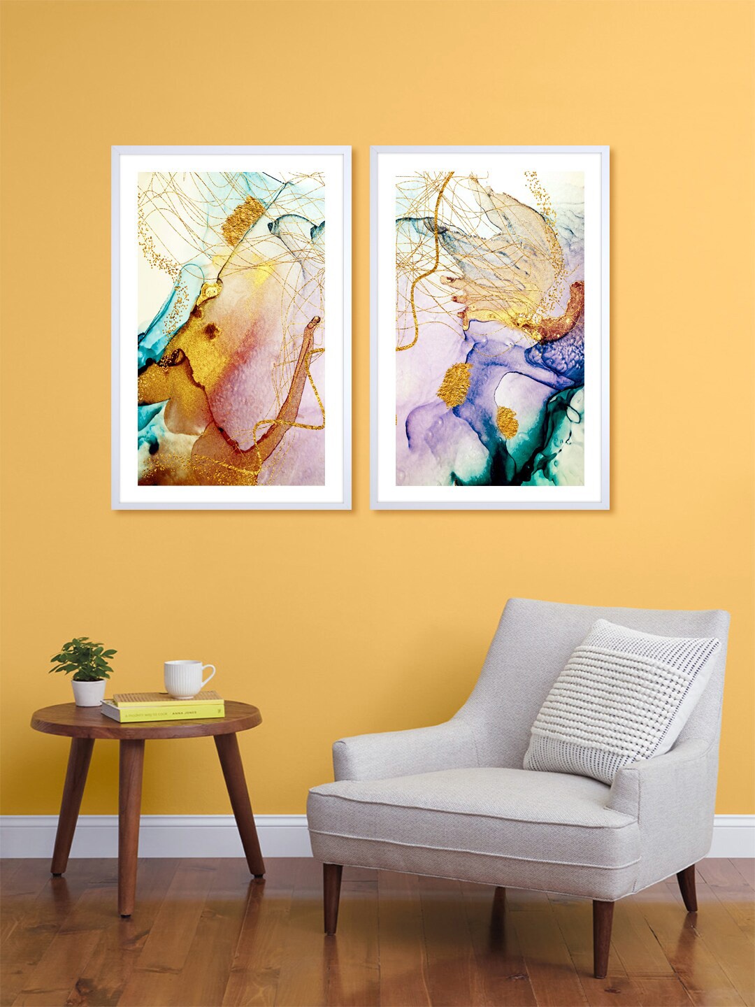 

999Store Set Of 2 Gold-Toned & Blue Abstract Printed Wall Art