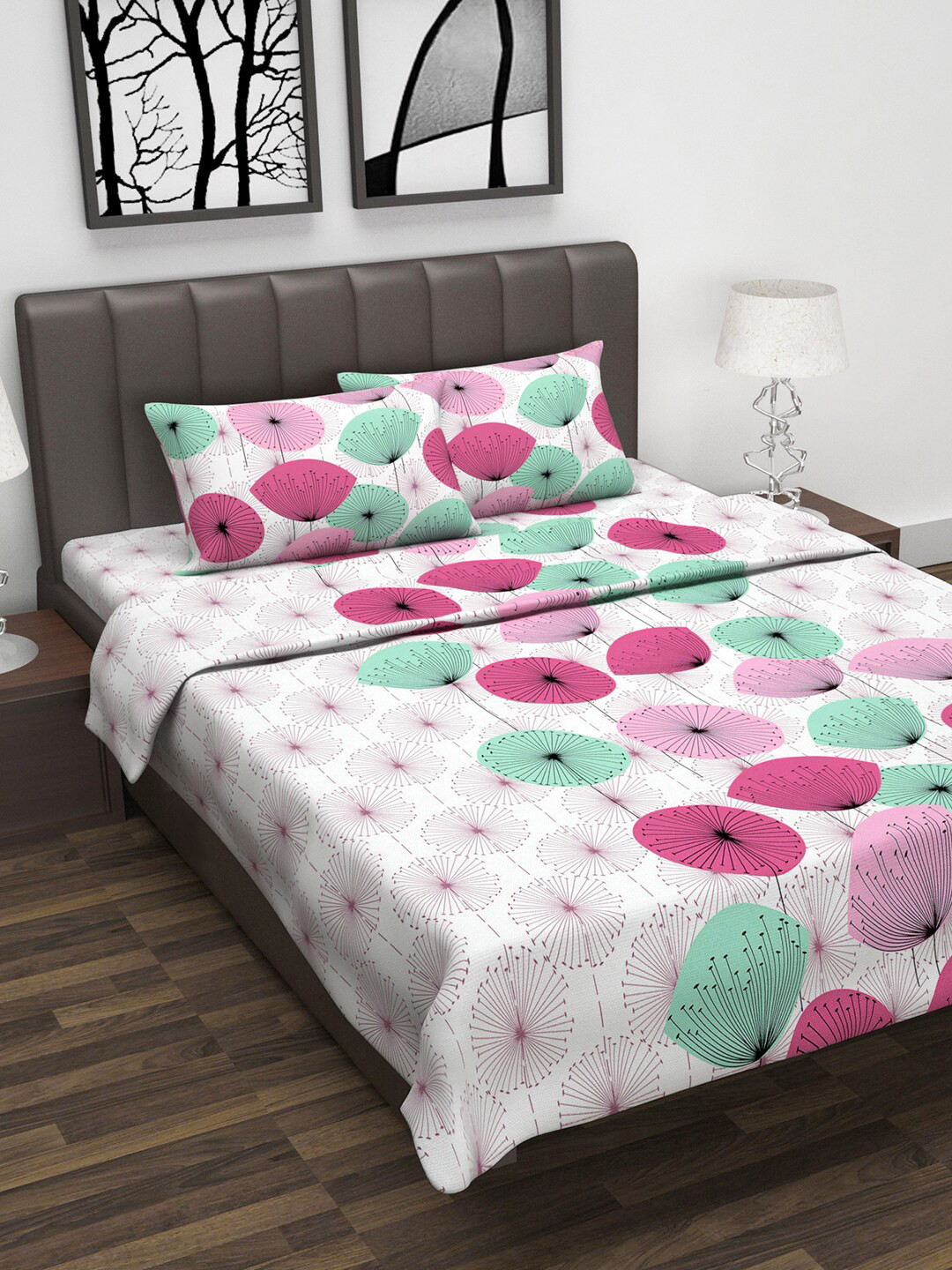 

Divine Casa White & Pink Floral Printed Double King Bedsheet With 2 Pillow Covers & Dohar